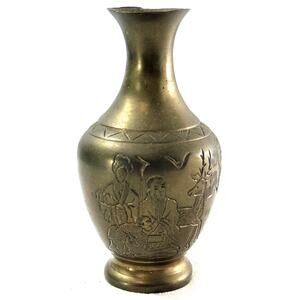 Solid Mid 20th Century Hand Engraved Asian Brass Vase 5” Family & Stag Deer